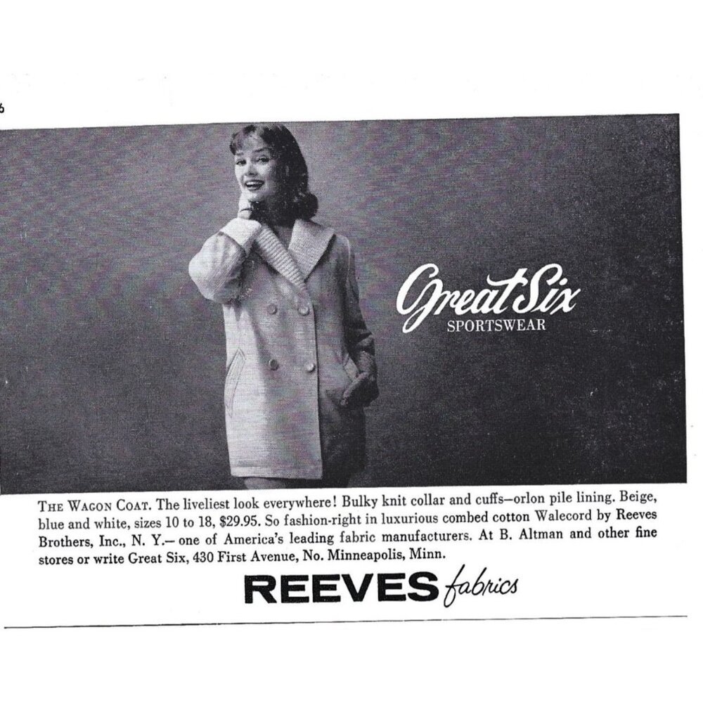 Great Six Sportswear Coat Advertisement 1950s Vintage Print Ad